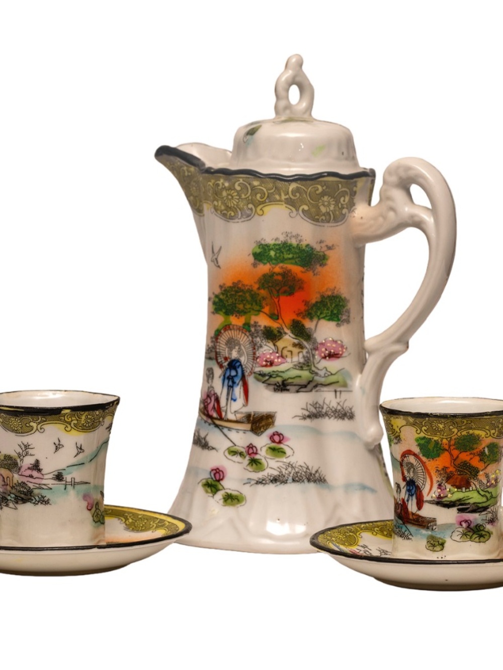 Vintage Japanese Hand Painted Lustreware Coffee Set – Gold Trim – Demitasse Cups